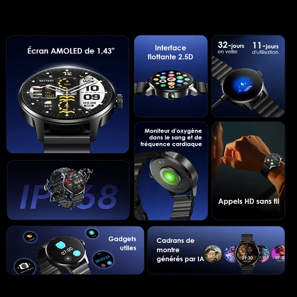 oraimo Watch 5R Pro AMOLED 1,43" Montre intelligente IP68 à interface flottante 2.5D