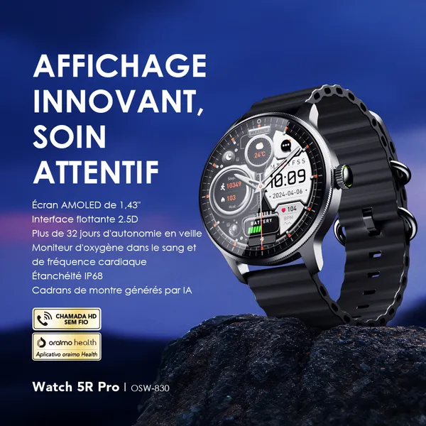 oraimo Watch 5R Pro AMOLED 1,43" Montre intelligente IP68 à interface flottante 2.5D