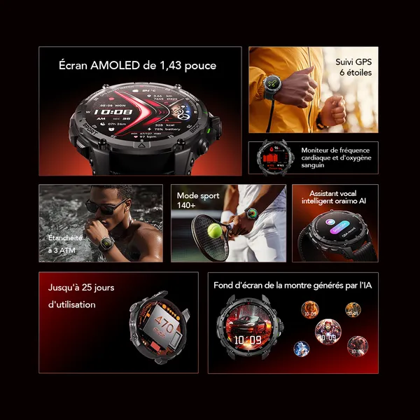 oraimo Watch GT Montre connectée GPS AMOLED 3ATM 1,43" avec deux bracelets interchangeables