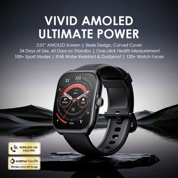 oraimo Watch Nova AM Montre intelligente à écran AMOLED avec couverture incurvée