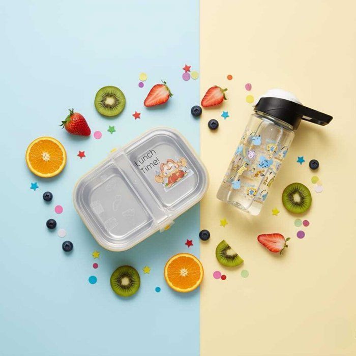 Pack Lunch box +gourde 500ml en plastique alimentaire sans BPA deux compartiments en inox -3 couvert