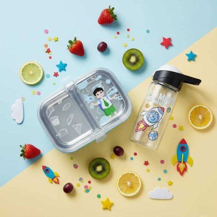 Image de Pack Lunch box +gourde 500ml en plastique alimentaire sans BPA deux compartiments en inox -3 couvert