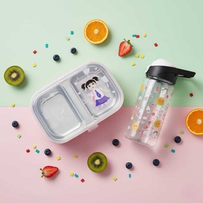 Pack Lunch box +gourde 500ml en plastique alimentaire sans BPA deux compartiments en inox -3 couverts