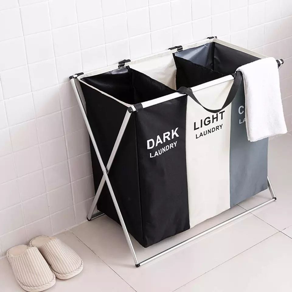 Panier à linge pliable en 3 sections avec cadre en aluminium