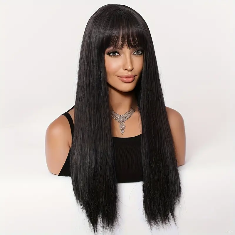Perruque Cheveux synthétique Avec Frange Noir, Marron