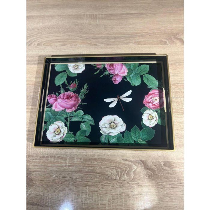 Plateau - Rectangulaire - Bois - Motif palmier noir - 48 cm x 38 cm