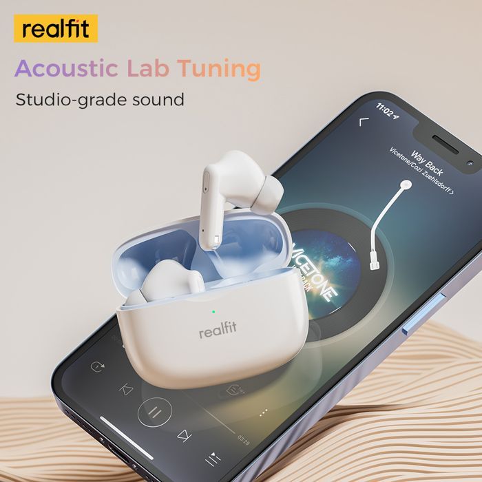 Realfit F3 - Écouteurs Sans Fil ANC - 5h d’Autonomie &amp; Charge Rapide 1,5h - Blanc