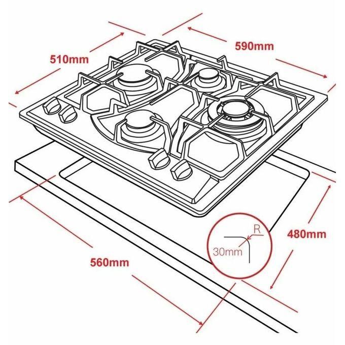 RECHAUD a Gaz Encastrable et posable - Inox Premium 4 Feux 60 Cm Grilles En Fonte Renforcée - Allumage Électrique