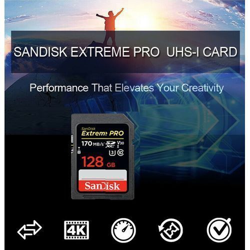 Sandisk Carte mémoire SDXC Extreme PRO 128Gb jusqu'à 170 Mo / s, classe 10, U3, V30