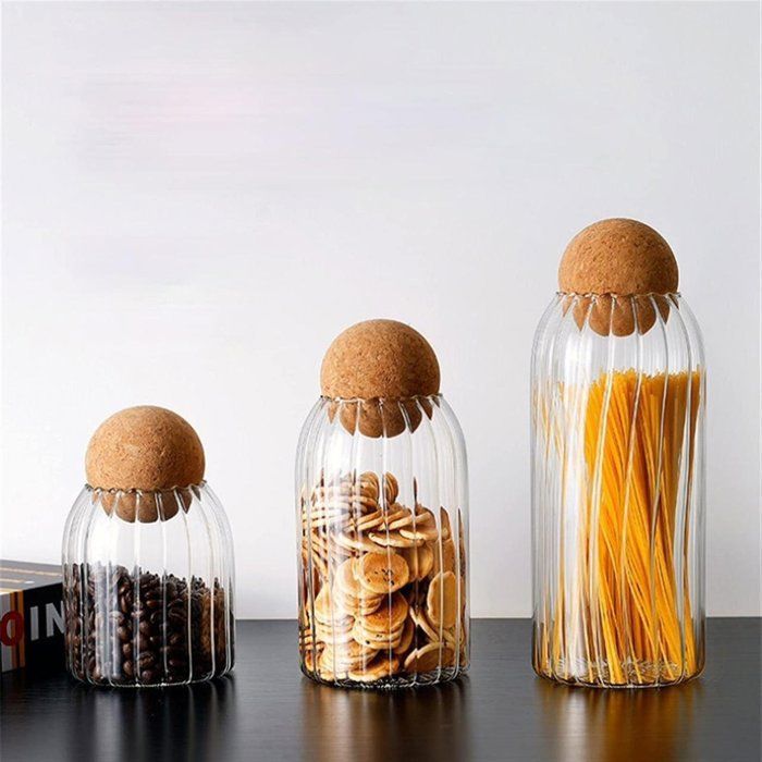 Set 3 bocaux bouteille en verre avec couvercle bambou 900ml ,500ml et 300ml