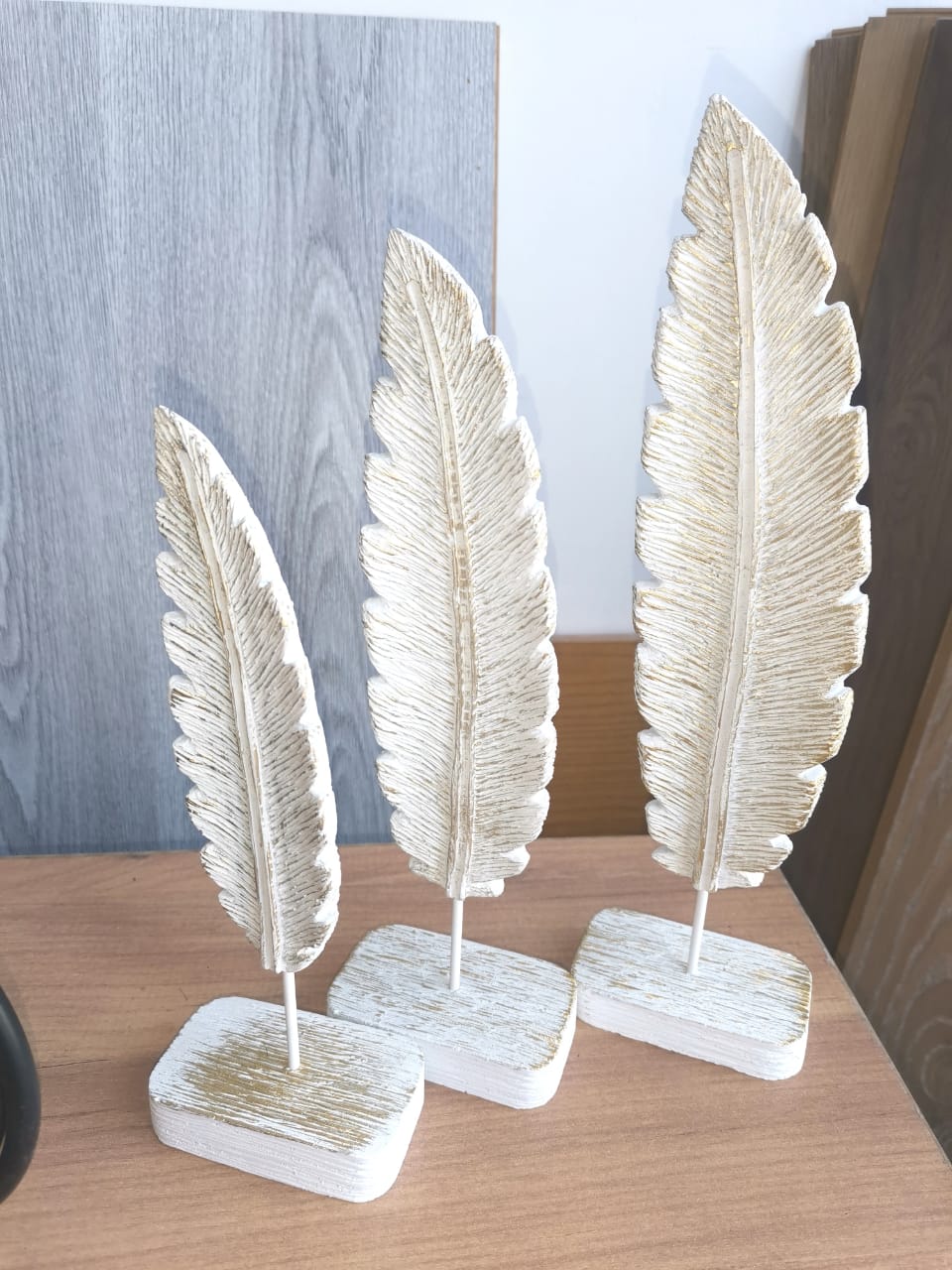 Set de 3 Feuilles de bananier en Bois sculpté 45/65/80cm - Coloris Naturel patiné Blanc