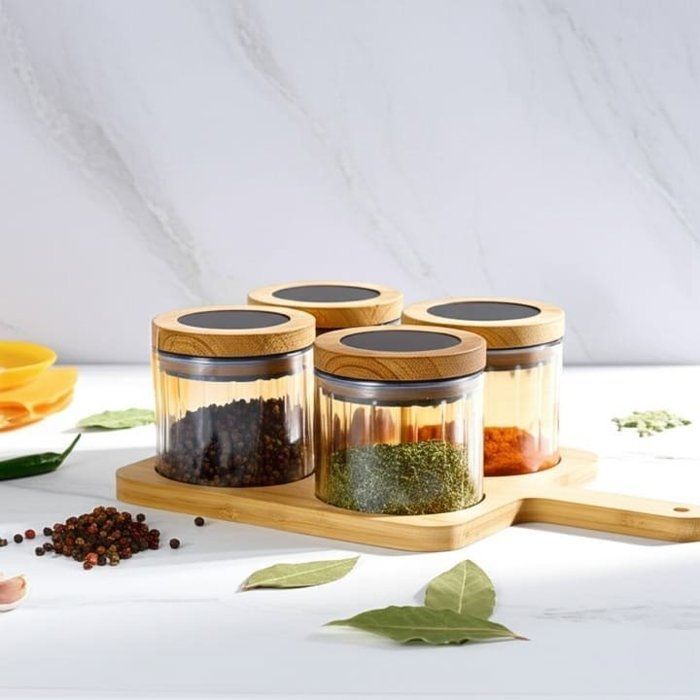 Set de 4 boîtes en verre ambré avec couvercles en bois et plateau assorti