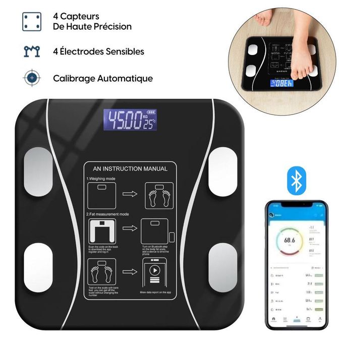 Balance Connectée Intelligente via Bluetooth – Suivi Poids ,Analyse IMC, Masse Grasse &amp; Musculaire via Application