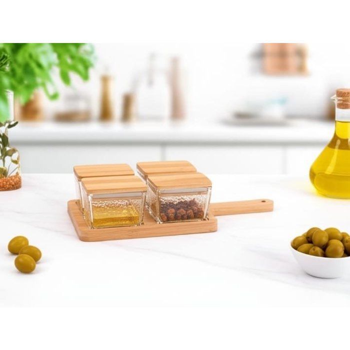 Boîte de 4 bocaux en verre avec couvercles trasparents en bois et plateau planche