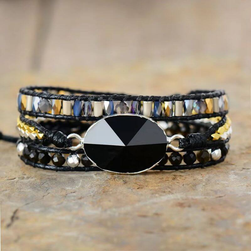 Bracelet Cuir Enroulé 3 Brins en Agate