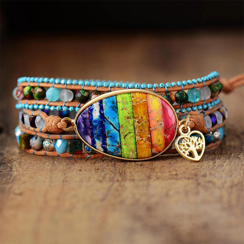 Bracelet Cuir Enroulé 3 Brins en Jaspe 7 Charka