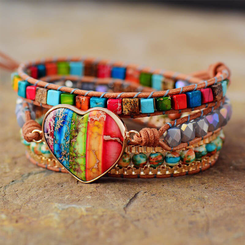 Bracelet Cuir Enroulé 3 Brins en Jaspe Impérial et Rhodonite pièce centrale en forme de cœur