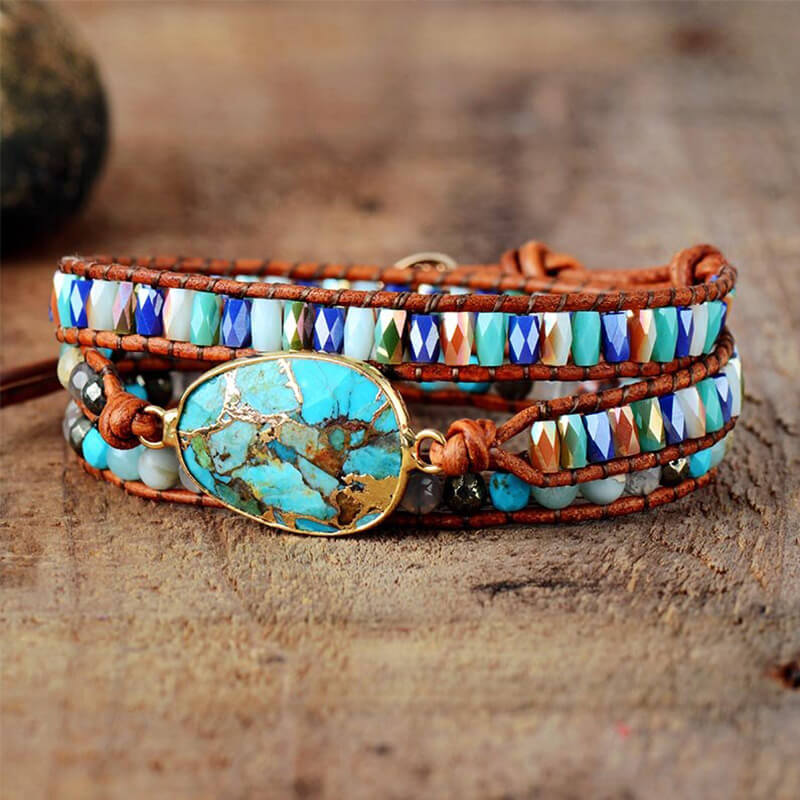 Bracelet Cuir Enroulé 3 Brins en Turquoise et Jaspe