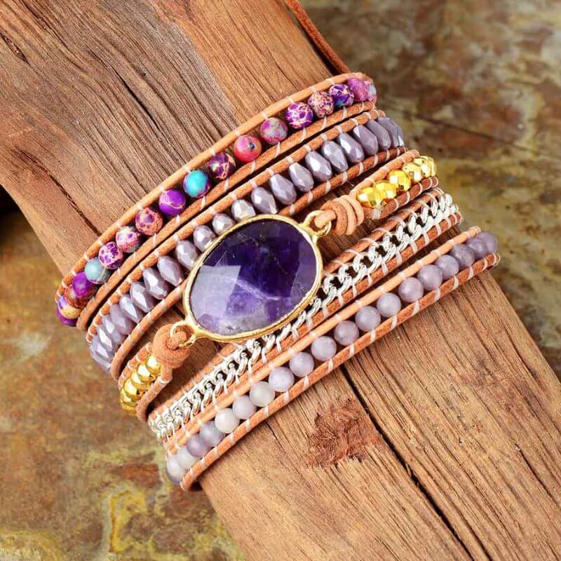 Bracelet Cuir Enroulé 5 Brins en Améthyste et Jaspe
