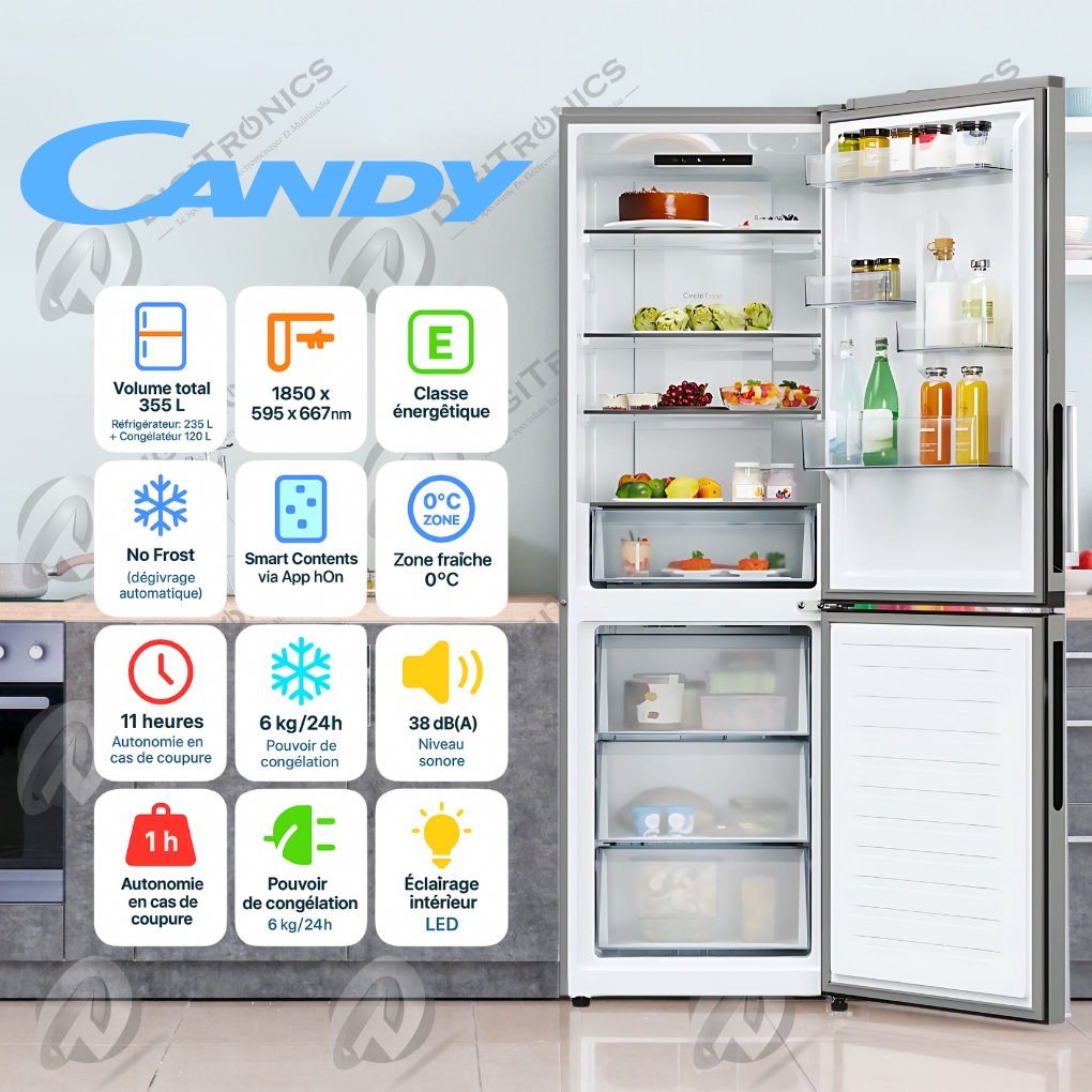 Candy Réfrigérateur Combiné 355L, No Frost, 2 Portes, Connecté hOn, Inox, CNCQ2T618EXMA