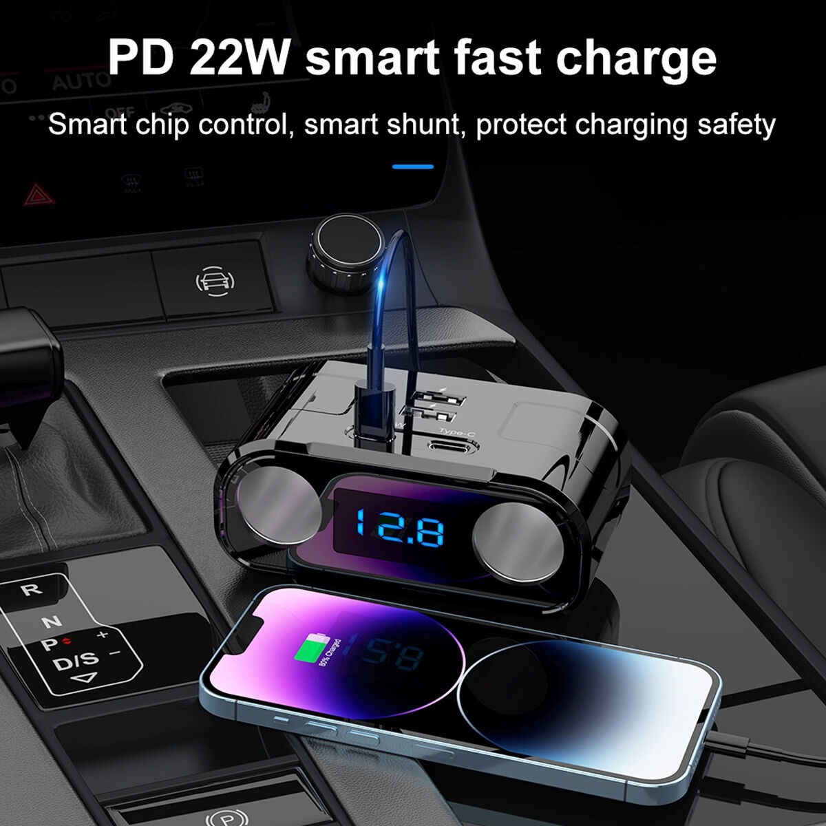 Chargeur de voiture 60W, adaptateur d'alimentation, 2 prises, 2 ports USB 2 Type C PD 22W, charge rapide