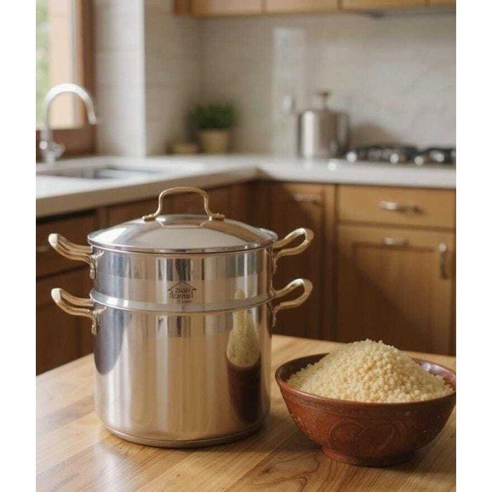 Couscoussier inoxydable avec poignées dorées – Grande capacité, design italien pour cuisson vapeur et couscous 12L