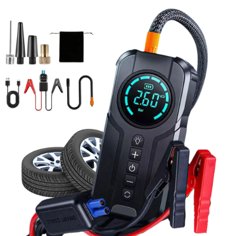 Démarreur de batterie de voiture + Gonfleur Pneu, Power Bank 10 000mAh, LED, Port USB, Type C