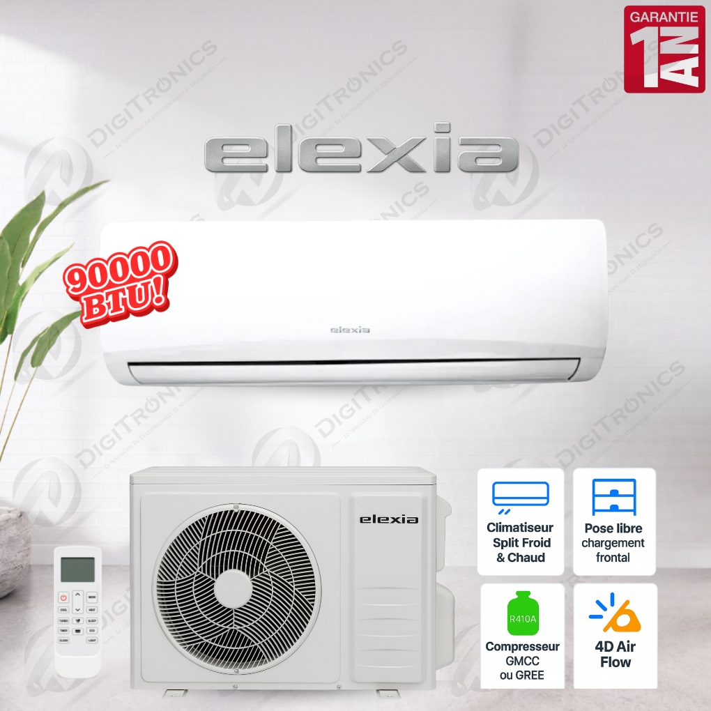 Elexia Climatiseur Split On/Off 9000 BTU Froid & Chaud, R410A