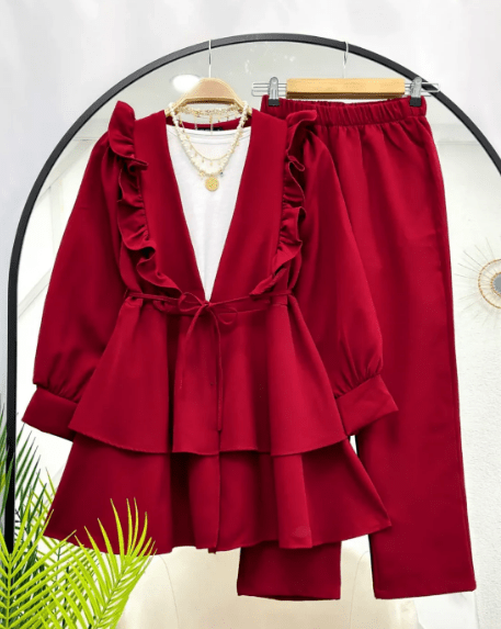 Ensemble 2 Pièces Moderne en Crêpe Rosa