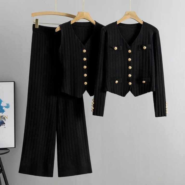 Ensemble 3 pièces en tricot slim vintage pour femme, gilet à col en V + pantalon large taille haute (Standard)