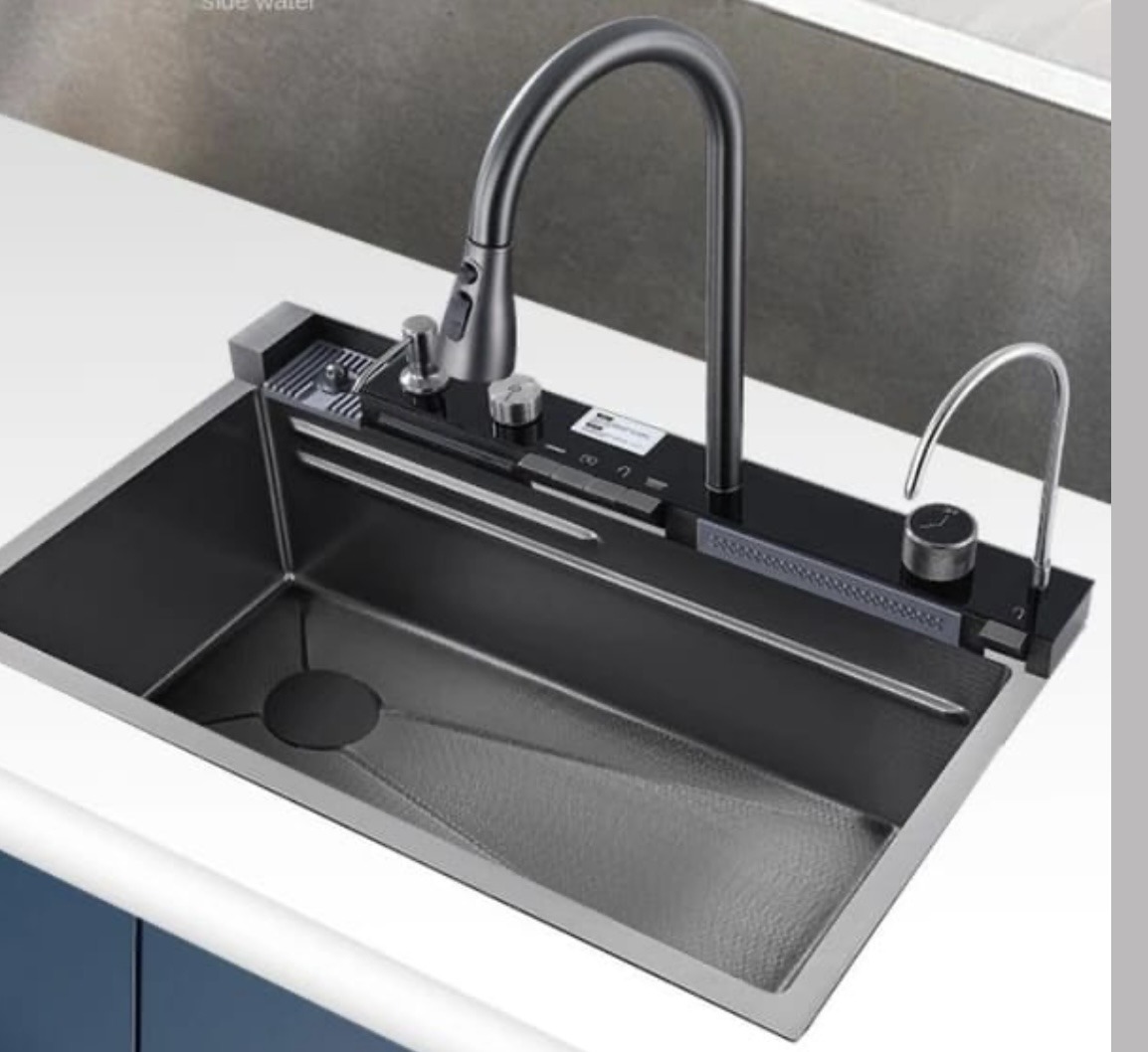 Évier de cuisine Noir à cascade en acier inoxydable, évier de poste de travail Nano avec affichage numérique, robinet extractible, évier de cuisine à encastrer avec accessoires