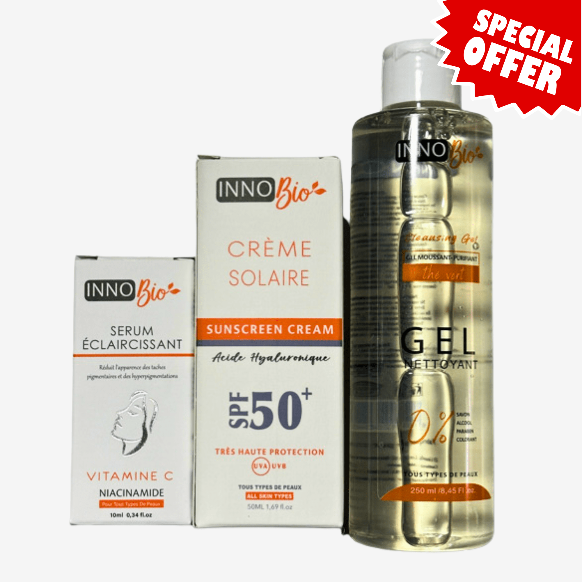 INNOBIO PACK ANTI-TACHES GEL NETTOYANT + CREME SOLAIRE SPF50 + SERUM ECLAIRCISSANT
