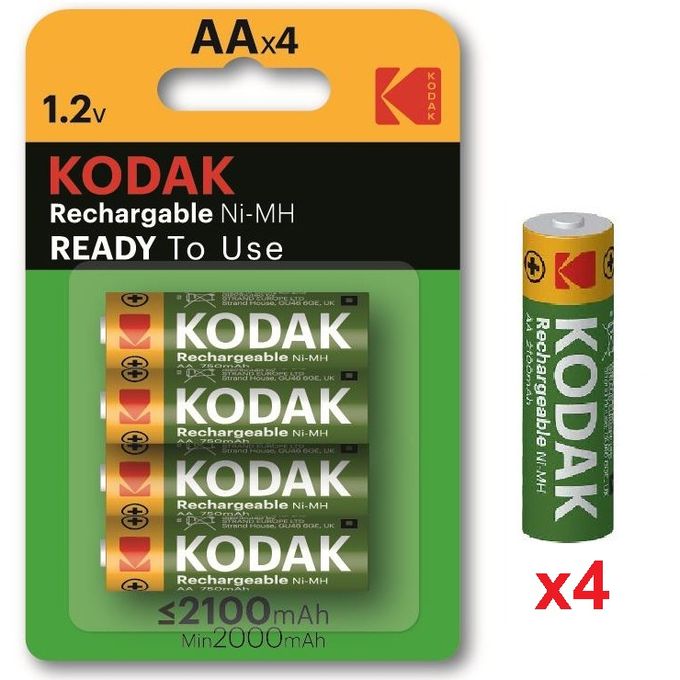 Kodak Blister 4 Batteries AA Rechargeables Prêt à l'emploi, Ni-mH 2100 mAh