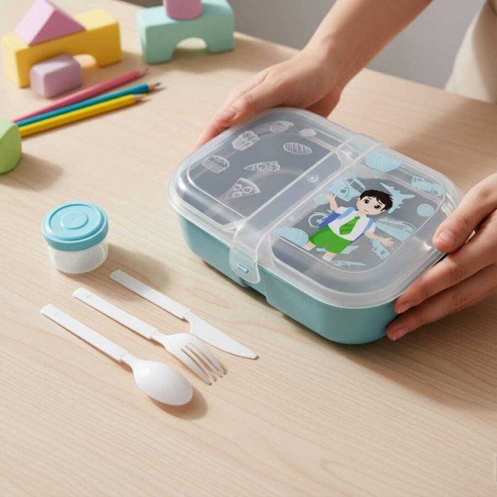 Lunch box à deux compartiments sur inox -couverts en plastique alimentaire-boite à sauce.