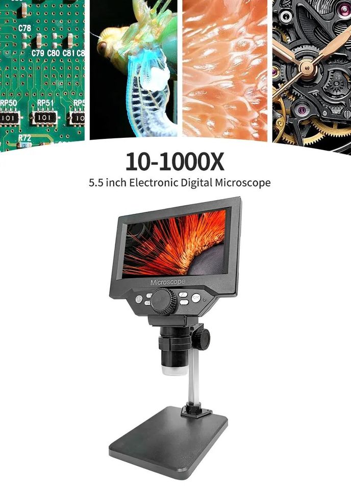 Microscope Numérique 1000X 1080P 5.5 "LCD Microscope Loupe avec Support Microscope pour Réparation Électronique