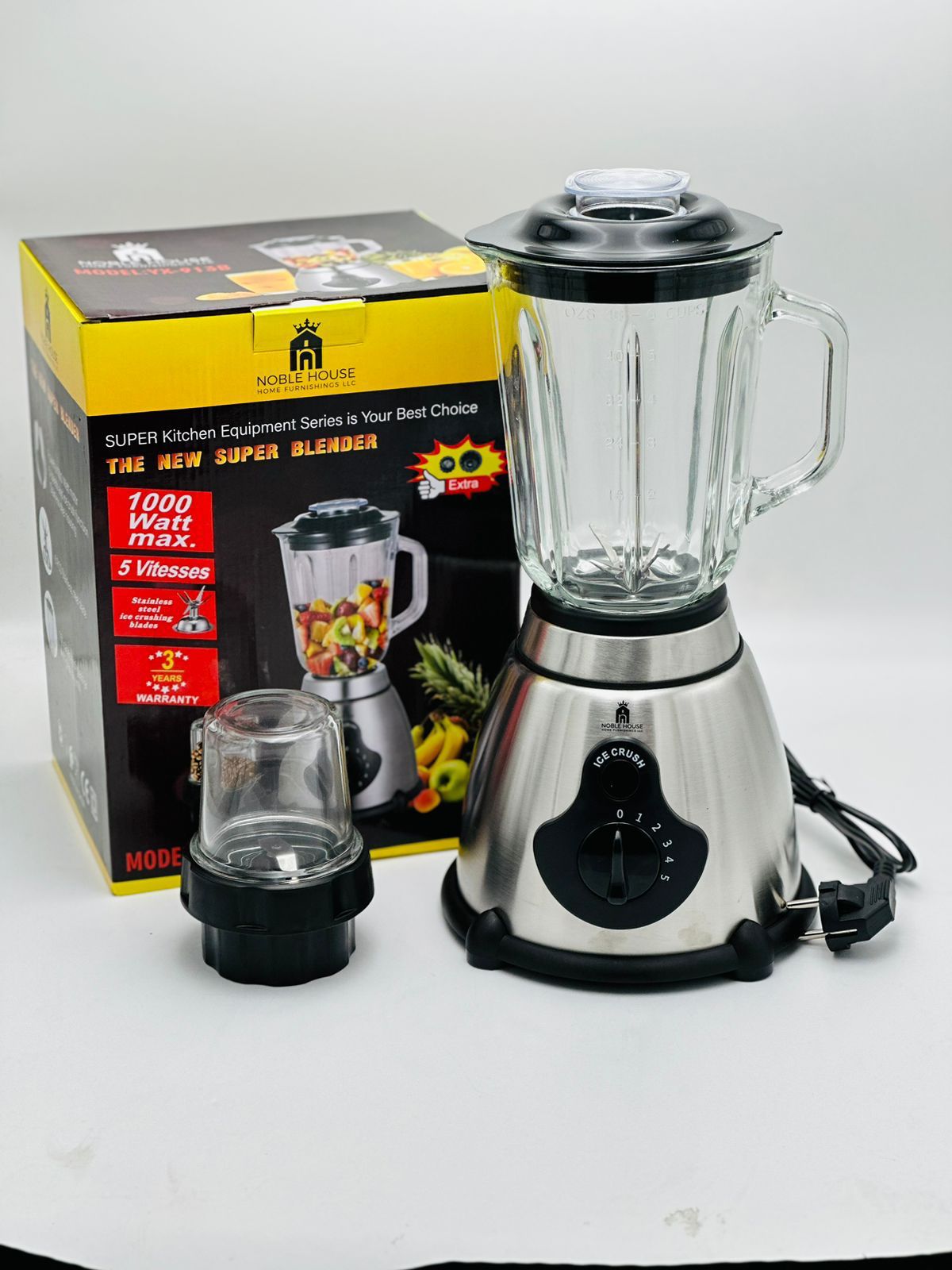 Mixeur 1000 W blender 5 vitesses + ice crush bol en verre 1,5l + moulin à épice