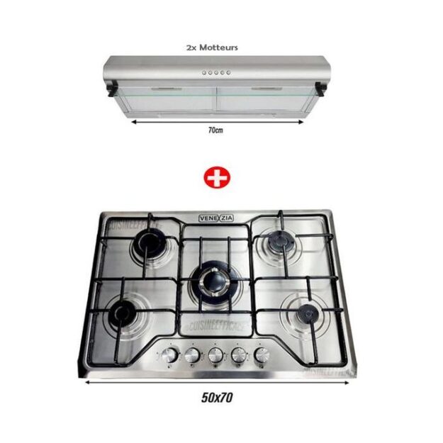 Pack de cuisson Venezia, Plaque de cuisson en inox - Hotte Aspirante Sous Meuble Noir 70cm - Double Filtration