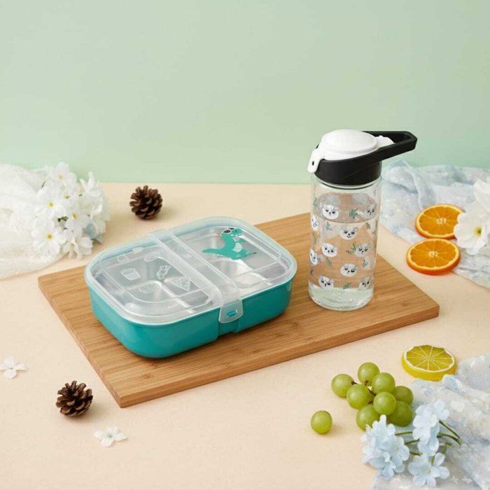 Pack Lunch box +gourde 500ml en plastique alimentaire sans BPA deux compartiments en inox -3 couverts