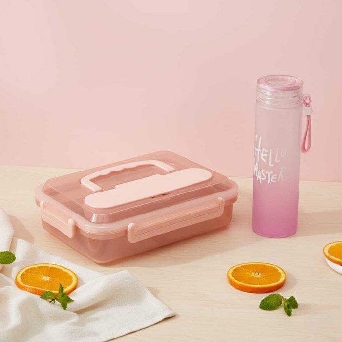 Pack Lunch box +gourde 900ml en plastique alimentaire sans BPA 4 compartiments en inox -couvert en inox