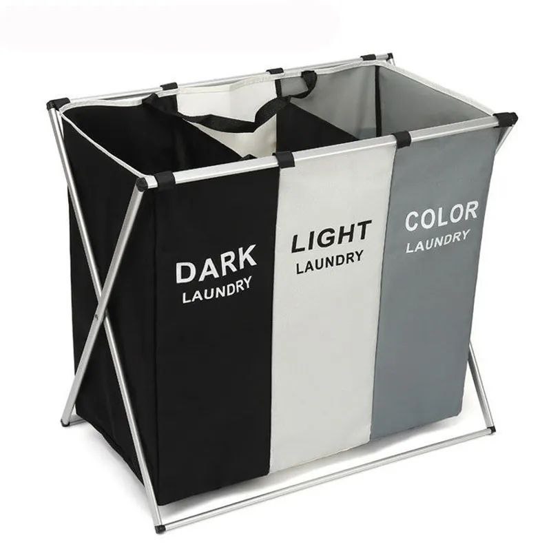Panier à linge pliable en 3 sections avec cadre en aluminium