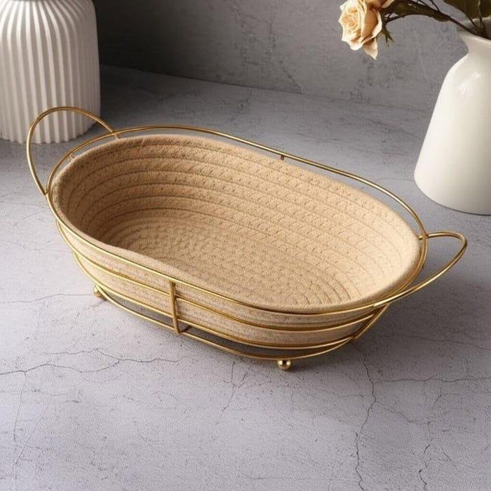 Panier à pain doré avec doublure en tissu – Panier en métal ovale pour pain
