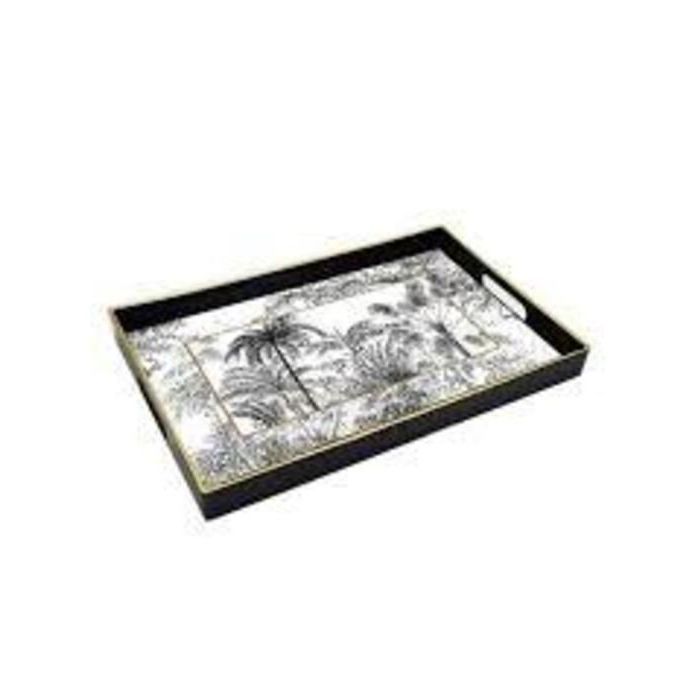 Plateau - Bois - Rectangulaire - 48 cm x 38 cm - Lignes dorées - Motif palmier noir