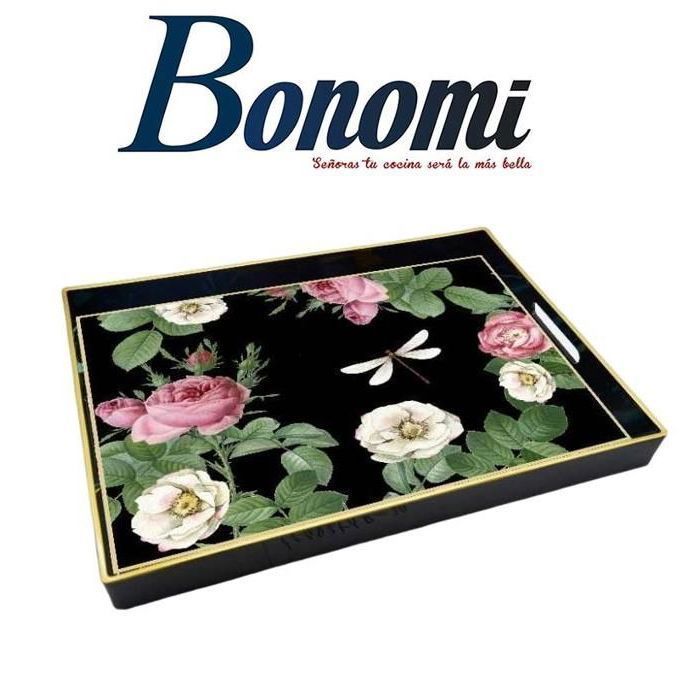 Plateau - Rectangulaire - Bois - Motif palmier noir - 48 cm x 38 cm