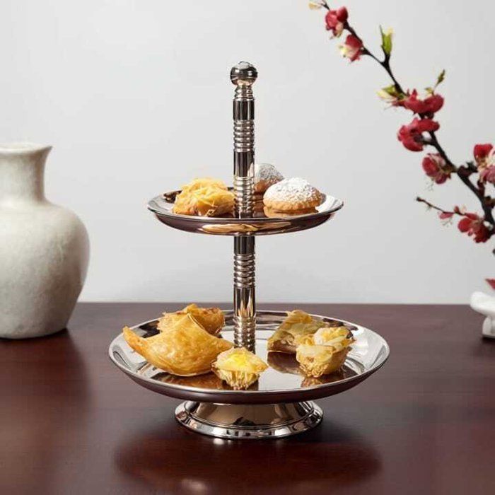 Présentoir feda à Gâteaux en bronze de Fes inoxidable à 2 Niveaux – Plateau de Service Chic pour Fêtes et Réceptions