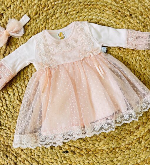 Robe fillette en tulle féerique Broderie Anglaise Saumon