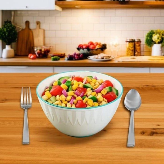 Saladier design en céramique blanche avec bord vert – Élégance moderne pour cuisine raffinée
