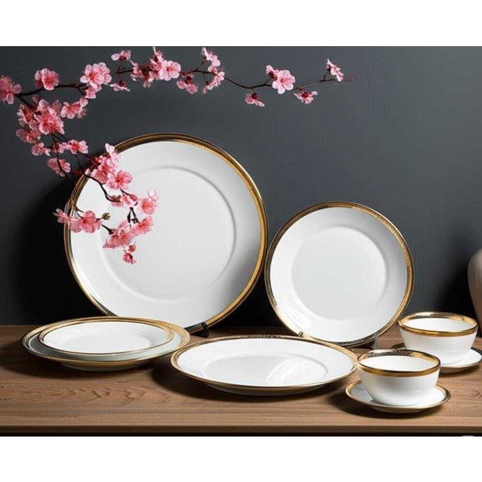 SERVICE DE TABLE 24 PIÈCES DÉTAILS DORE EN PORCELAINE FINE