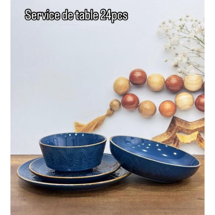 Service de table - Accessoires de cuisine - 24 pièces - Couleur bleu - 6 bols - 6 assiettes grandes