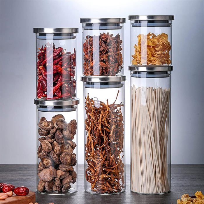 Set 4 boîtes en verres avec couvercle inoxydable 1700 ml 1300 ml 1000 ml 700 ml
