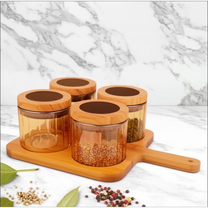Set de 4 boîtes en verre ambré avec couvercles en bois et plateau assorti